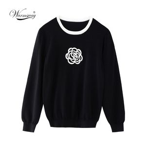 Wiosna Lato Stylowe Eleganckie Dzianiny Pullover O Neck Kontrast Kolor Frezowanie Rose Sweter C-066 211011