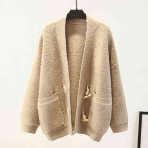 H.SA Mulheres Sweater e Cardigans Knit Casaco V Neck Horn Fivela Oversized Jumper Cashmere Cardigan 210417