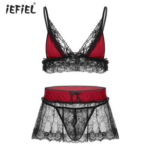 Wholesale top adult sex for sale - Group buy Gay Underwear Mens Erotic Sissy Lace Lingerie Set Nightwear Spaghetti Straps Bra Top With G string Sex Skirt Adults Exotic Sets Bras