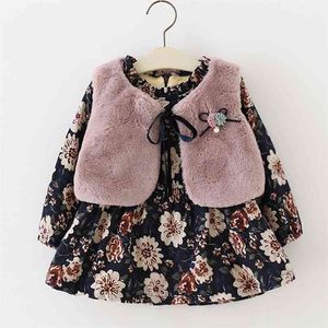 Baby Girl Dress Winter Birthday Długi rękaw Floral Plus Velvet + Fur Vest 2P Stroje 210528