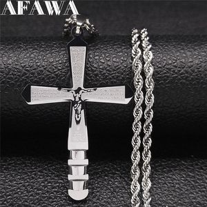 Collane con ciondolo 2021 Cattolicesimo in acciaio inossidabile Collana con croce di Gesù Colore argento Big Long Chain Jewelry Collier Croix N9523S02