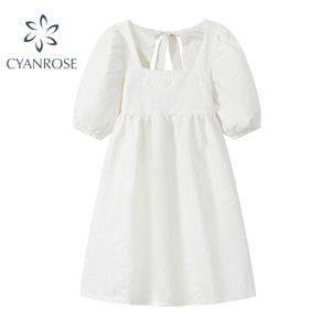 Summer Women Back Hollow Out Design Dress Frence Vintage Short Puff Sleeve High Waist Bows Korean Mori Girl 210515