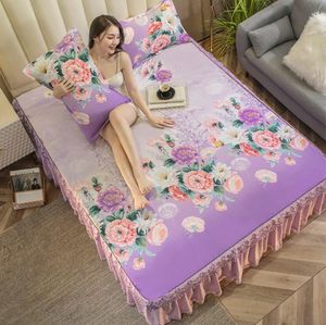 high quality textile Bedding Trendy household Bed skirt Non-slip mattress Bedspread Violet Rose romantic Bed sheet F0226 210420