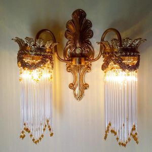 Vägglampor franska antik reproduktion mässingslampa med glasstavar för vardagsrum och matsal