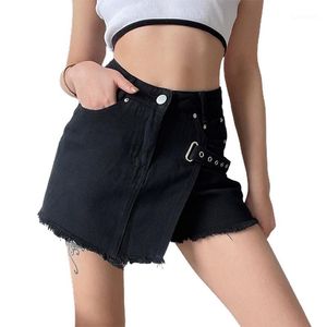 Skirts Women Frayed Denim Skirt, Adults Vintage Solid Color Oblique Buckle A-line Skirt With Pockets