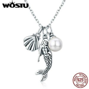 Wostu autêntico 100% 925 lenda de prata esterlina de sereia shellpearl pingente colar para mulheres jóias moda presente cqn237