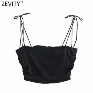 Zevity Women Spaghetti Strap Nero Bianco Colore Chic Camis Tank Ladies Summer Back Elastico pieghettato Short Sling Crop Tops LS9070 210616