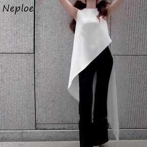 Neploe Chiffon女性のトップスブラウスソリッドOネックノースリーブ非対称シャツ夏の新しいファッションジッパーレディBlusas 1E716 210423