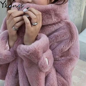 Vinter Varma Kvinnor Plush Long Coats Tjock Faux Fur Hooded Parkas Office Lady Lång jacka Koreansk Plus Size Loose Outwear 210421