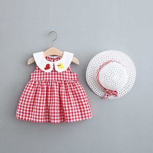 Summer Newborn Baby Girl Dress For Toddler Plaid Princess 1 Year Birthday Dress With Hat 0-2y Vestidos Infant Baby Girl Clothing Q0716