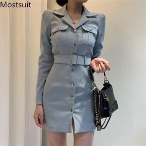 Autunno Coreano Streetwear Matita Mini Vestito Delle Donne Monopetto Manica Lunga Con Cintura Abiti Delle Signore di Modo Sottile Abiti 210513