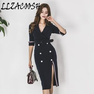 Navy Blue Blazer Formal Long Dress Office Lady Striped Patchwork Double-breasted V-neck Fashion Korean Mid calf Dress With Belt 210514