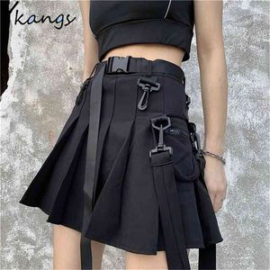 Preppy Style Women Gothic pleated Skirts Summer pocket Female High Waist Lace Up Big Hem Mini For Girls A-Line 210421