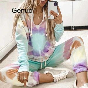 Jogging Suit Women Tracksuit Two Piece Tie-Dye Printed Lounge Wear Set Long Sleeve Hoodie and Trousers Casuars Casual Sweatsuit T200817