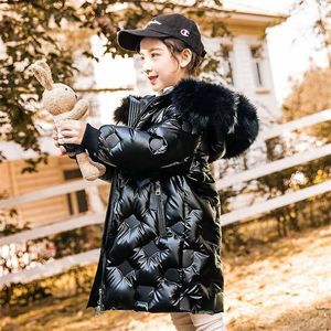 Rússia moda meninas inverno à prova de água casaco de pele com capuz parkas crianças espessamento quente brilhante down jaqueta acolchoada para 12 outwear 211222