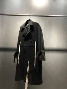 Men's Trench Coats 2021 Long Flowing Rope Black Coat Loose Osoverszie Over The Knee