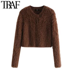 TRAF Women Fashion Faux Fur Soft Touch Cropped Knitted Cardigan Sweater Vintage Long Sleeve Female Pullovers Chic Tops 210415