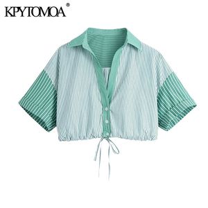 Kvinnor Mode Patchwork Striped Beskuren Blus Button-up Elastisk Hem Med Slips Kvinnor Chic Toppar 210420
