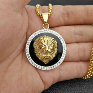 Hip Hop Charm Iced Out Bling Golden Lion Head Pendants Necklaces Male Gold Color Stainless Steel Chain Rock Jewelry Gift For Men H0918