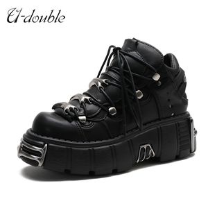 U-DOUBLE Brand Punk Style Women Shoes Lace-up heel height 6CM Platform Woman Gothic Ankle Boots Metal Decor Sneakers 211105