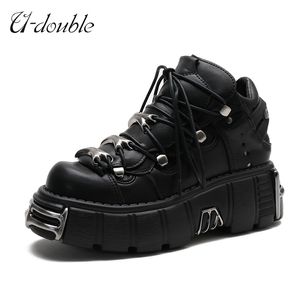 U-Double Brand Punk Style Women Shoes Lace-up Heel Höjd 6cm Plattform Kvinna Gotiska Ankel Stövlar Metall Dekor Sneakers 211105