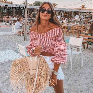 V Neck Off Shoulder Plaid Blouse Toppar Kvinnor Vintage Ruffle Elastisk röd gröda Sommar Lantern Sleeve 210427