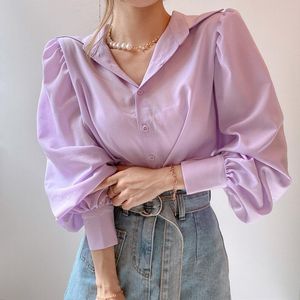 Koreanska lösa chic kvinnor blus enkel mångsidig lapel långärmad skjorta eleganta toppar rosa blusas mujer 12492