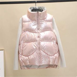 Casacos-de-rosa para mulheres inverno quente acolchoado baiacu de gilet coletes sem mangas parkas jaqueta branco pato branco casaco cair 211220