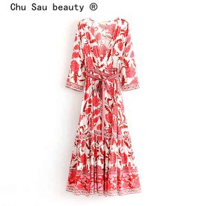 beauty Boho Vintage Floral Printed Maxi Dress Women Holiday Chic Sashes Beach Wrap Long Dresses Vestidos De Verano 210514
