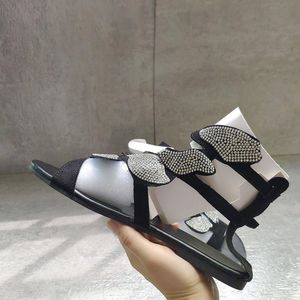 Kvinna Tofflor Rhinestone Slides Sandaler Kvinnors Dam Butterfly Skor Flats Kvinna Sexig Fashion Crystal Open Toe Ankel Zipper Storlek 35-43 NO010