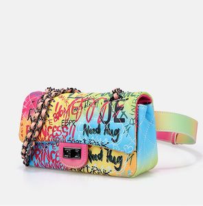 2021 Kobiety Lady Sport Outdoor Day Packs Waistpacks Casual Moda Graffiti Drukuj List Lato Rhombus Lattice Chain Torebka Torebka Torba Kolorowa Kluczowa klamra 21x7.5x12.5cm