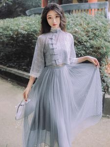 Real Shot National Style Buckle Patchwork Mesh Three-Piece Dress Lace Retro Court Style French Style