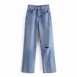 BBWM Jeans da donna Pantaloni a vita alta in denim con foro a vita alta Pantaloni elastici lavati retrò primavera autunno 210520