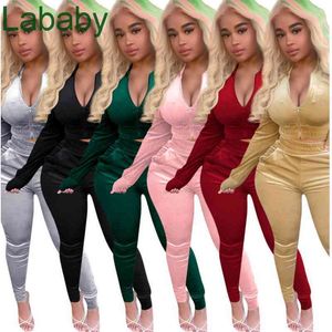 Mulheres Tracksuit 2 Peças Definir Outfits Designer Outfits Veludo Longa Manga Com Capuz Capuz Calças De Bolso Senhoras Outono Inverno Sportwear 6 Cores