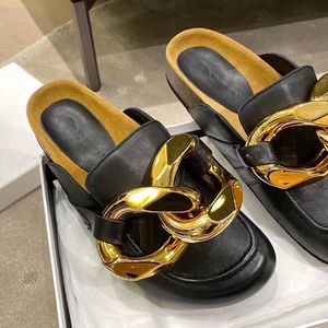 Tasarımcı Kadın JW Makosen Ayakkabı Katır Terlik Londra Markası JA Sandalet Hakiki Deri Patik Ahşap Alt Düz Topuklu Slaytlar Altın Zincir Terlik Luxurys Tasarımcı Ayakkabı