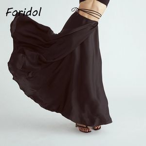 Elegant Satin Long Skirts Womens Sash Lace Up Maxi Black Skirt Bottoms Slit Wrap Skirt Silk Party Skirt New 210415