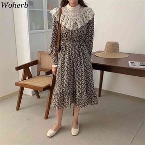 Elegancki Kwiatowy Midi Sukienka Ciężka Koronka Szydełka Patchwork Szata Femme Roupas Koreański Stojak Neck Slim Talii Szyfonowe Dresses 210519