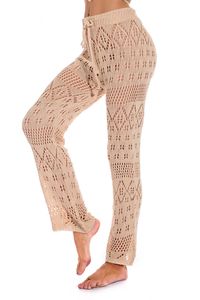 Long Solid Fashion Summer Cover Up Crochet Knitted Beach Holiday Breathable Out Wide Leg Loose Women Pants Sexy Y0820