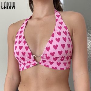 Laisiyi hjärta print backlhalter bh korsett topp djup v nacke sexig sömn topp sommar tie upp tank toppar tees beach x0507