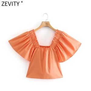 Women Off Shoulder Solid Color Short Smock Blouse French Femme Pleated Puff Sleeve Poplin Shirt Chic Crop Tops LS9196 210420