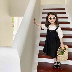 Summer girls short sleeve white shirt and black slip dress Baby girl all-match outfits 210708