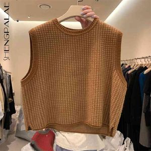 Plaid sweter kamizelka damska wiosna okrągły szyja luźna podzielona bh hem bez rękawów kamizelka pulowerowa 5B185 210427