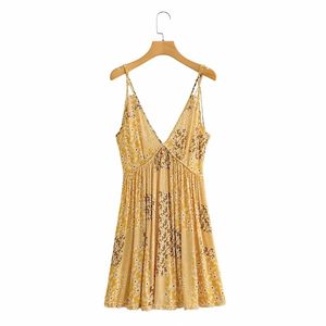 Casual Woman Yellow Spaghetti Strap V Neck Bomull Klänning Sommar Mode Ladies Backless Mini Es Kvinna Mjukt 210515