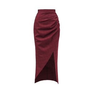 Gonna a metà polpaccio a vita alta con spacco irregolare irregolare scozzese rosso da donna elegante in cotone rosso S3008 210514