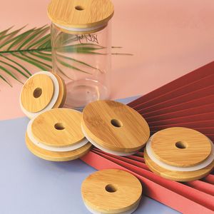 Tampa de frasco de bambu reutilizável de 70mm 86mm bambu com furo de palha e selo de silicone largo boca armazenamento tampas