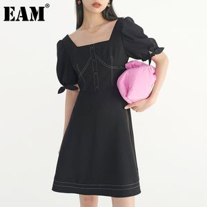 [Eam] Kvinnor Svart Bow Tie Knee-Length Dress Square Neck Kortärmad Loose Fit Fashion Fjäder Sommar 1DD599901 210512