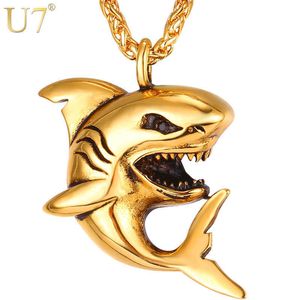 U7 Big Shark Pendant Necklace Men StainlSteel Jewelry Rock Punk Gold/Black Ocean Sea Animal Necklaces Father's Gifts P1116 X0707