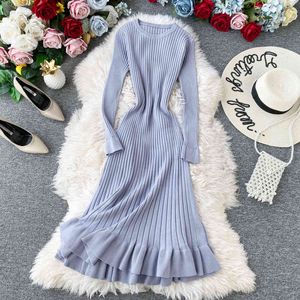 Woman Winter Thick Warm Sweater Dress Ruffle Elegant Midi Bodycon Dress O-Neck Long Sleeve Slim Knitted Casual Dresses For Women X0521