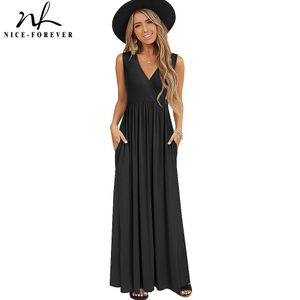 Nice-forever Summer Women Black Color Casual Dresses V-neck Maxi Long Flare Sun Dress btyA162 210419