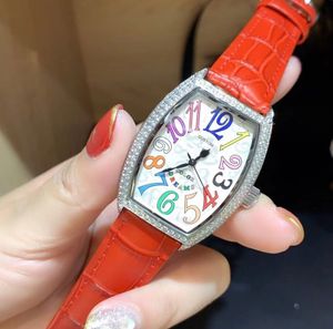 Orologio al quarzo da donna alla moda Orologio da polso con numero di colore da botte di vino Orologio da polso con numeri grandi in vera pelle rossa Orologi di marca famosi